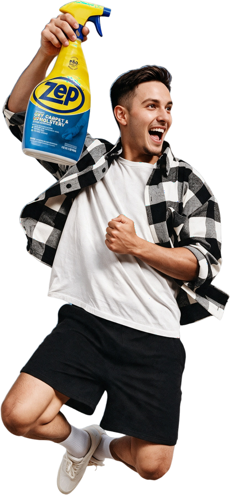 A person jumping while holding a bottle of Zep carpet and upholstery cleaner